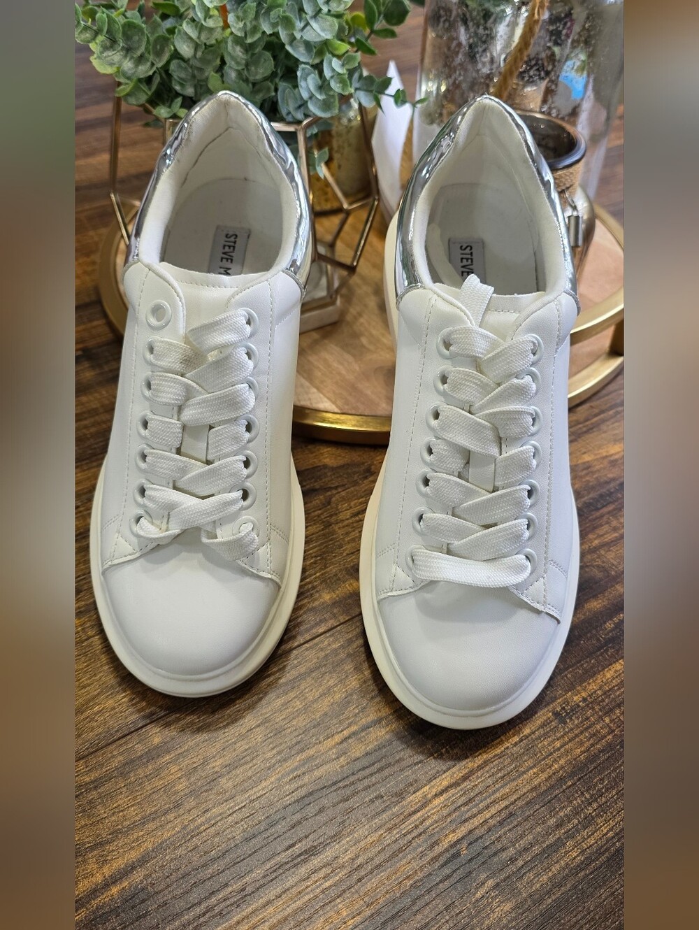 Steve Madden White Low-Top Sneakers with Silver Heel Accent